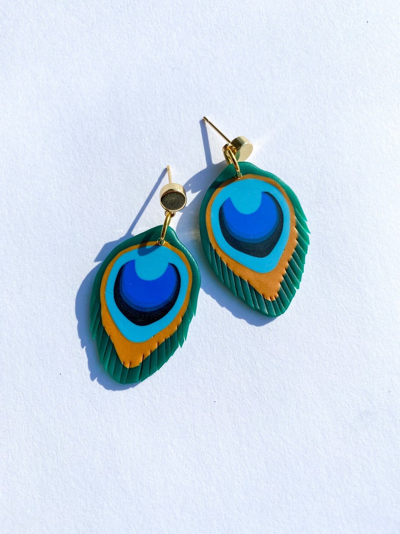Peacock feathers, peacock earrings, peacock jewelry, polymer clay earrings, polymer clay jewelry, feathers, image 1