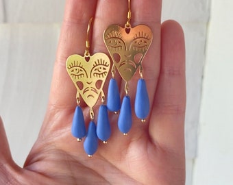 Crying heart earrings | heart jewelry | heart earrings | blue and gold | black and gold jewelry |