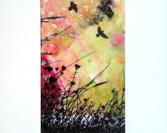 Original Mixed Media Collage - Small Colorful Abstract Landscape 5x7 - PRAIRIE FLIES