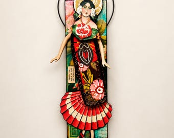 Mixed Media Art Doll Assemblage, Floral Wall Art – Serafina