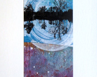Original Mixed Media Collage - Small Colorful Abstract Landscape 5x7 - SWIRL REFLECTION