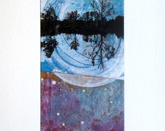 Original Mixed Media Collage - Small Colorful Abstract Landscape 5x7 - SWIRL REFLECTION