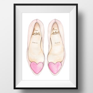 CHRISTIAN LOUBOUTIN Pink Heart Shoe Print - Original watercolor print