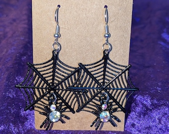 Spider Web Earrings with Rhinestone Spider – Gothic Halloween Dangle Jewelry