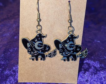 Black Cat Witch Earrings – Celestial Moon Stars Kitty Dangle Jewelry