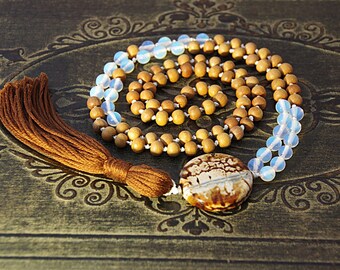 Meditation beads, 108 bead mala, Opalite necklace, Sandalwood mala, Picture Jasper mala, Yoga jewelry, Tassel necklace, Mala beads, Chakra