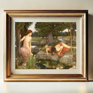 Echo and Narcissus by John William Waterhouse Wall Art Print, Classical Mythological Painting Wall Decor, Digital Download