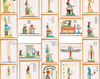 Ancient Egyptian Gods Print Set of 20, Egyptian Pantheon Wall Art, Mythology Poster, Hieroglyphic Decor, Digital Download, History Wall Art