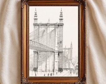 Vintage Brooklyn Bridge-tryck, väggkonst i New York, arkitektonisk skiss, utskrivbar dekor i NYC