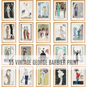 Może przedstawiać: Kolekcja dwudziestu oprawionych wydruk&oacute;w vintage autorstwa George'a Barbiera, z kt&oacute;rych każdy przedstawia stylizowane ilustracje postaci w strojach z epoki na tle r&oacute;żnych scenerii architektonicznych i przyrodniczych, z tekstem 55 VINTAGE GEORGE BARBIER PRINT.