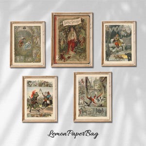 Może przedstawiać: Pięć oprawionych ilustracji vintage w jasnobrązowej ramie. Ilustracje przedstawiają różne sceny, w tym scenę z bajki z księżniczką, scenę z rycerzem i smokiem oraz scenę z zimowym krajobrazem.