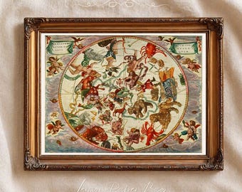 Antique Celestial Map Print, Northern Star Chart by Andreas Cellarius, Vintage Astronomy Wall Art, Dark Academia Decor