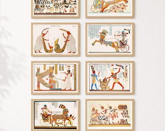 Ensemble de 8 oeuvres d'art murales de l'Égypte ancienne, estampes vintage de l'Égypte, décoration hiéroglyphique, téléchargement numérique mythologie, art historique imprimable