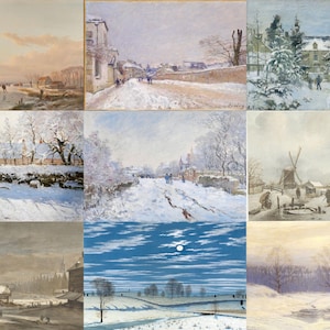 Juego de 11 lienzos de arte mural invernal con paisajes nevados vintage, decoración acogedora con escenas invernales, arte mural nórdico invernal imprimible