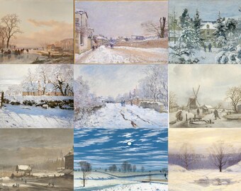 Juego de 11 lienzos de arte mural invernal con paisajes nevados vintage, decoración acogedora con escenas invernales, arte mural nórdico invernal imprimible.