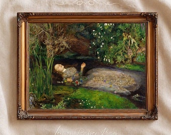 Lámina de Ofelia, arte mural prerrafaelita, pintura inspirada en Shakespeare, decoración estilo academia oscura, lámina imprimible de museo.