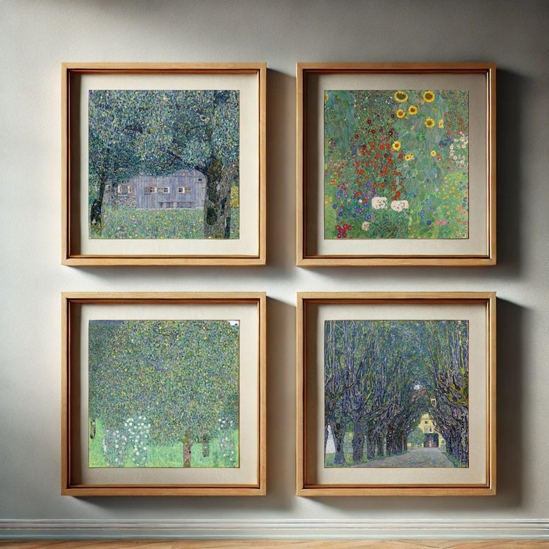 Puede incluir: Cuatro impresiones art&iacute;sticas enmarcadas con pinturas de paisajes. Las pinturas est&aacute;n en marcos cuadrados de madera clara. Las obras de arte representan &aacute;rboles, flores y edificios en un estilo naturalista, con &eacute;nfasis en el color y la textura.