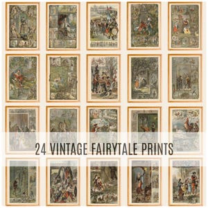 Puede incluir: Una colección de 24 grabados de cuentos de hadas vintage, cada uno enmarcado en madera clara. Los grabados presentan ilustraciones coloridas de escenas de cuentos de hadas clásicos. El texto "24 VINTAGE FAIRYTALE PRINTS" se muestra en el centro de la imagen.