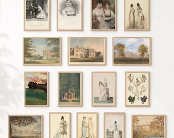 Conjunto de 16 láminas de arte mural inspiradas en Orgullo y Prejuicio, láminas románticas de estilo Regencia, paquete de decoración literaria vintage.