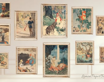 Vintage Fairy Tale Illustrations Set of 11, Fairy Tale Wall Art Decor, Digital Download