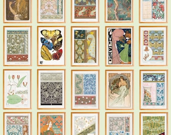 Vintage Art Nouveau Illustration Set of 90 Wall Art Print, Alphonse Mucha Printable Wall Decor, Digital Download
