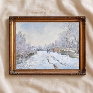 Vintage winterlandschapprint, Claude Monet Sneeuw bij Argenteuil, Franse impressionistische muurdecoratie, schilderij van een besneeuwd dorp, gezellige winterdecoratie