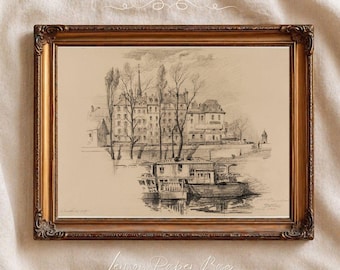 Paris Digital Print Wall Art ,Vintage French Sketch Poster, Neutral Bedroom Decor Download