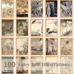 Stampe artistiche di Arthur Rackham, set di illustrazioni di fiabe vintage, stampe da parete con libri di fiabe, decorazioni per la cameretta dei bambini stampabili, download digitale