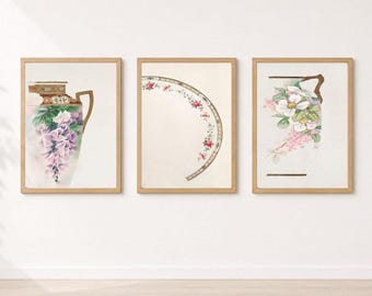 Noritake Factory Print Set of 3, Vintage Japanese Porcelain Design Drawings, Antique Ceramic Sketches, Maximalist Gallery Wall Art