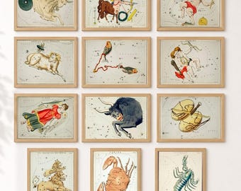 Vintage Zodiac Wall Art Set of 12, Astrological Sign Prints, Celestial Gallery Wall Decor, Horoscope Poster Printable, Astrology Art