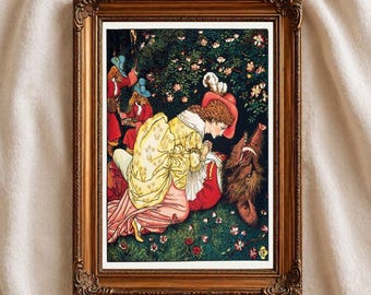 Walter Crane Beauty and the Beast Print, Vintage Fairytale Illustration, Storybook Wall Art, Romantic Nursery Decor