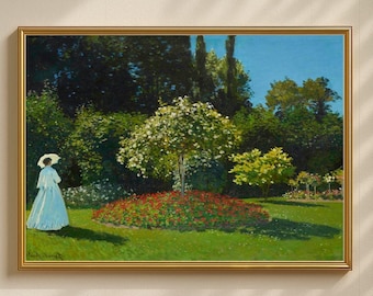Claude Monet Lady in the Garden Print, Impressionist Wall Art, Vintage French Painting, Flower Garden Poster