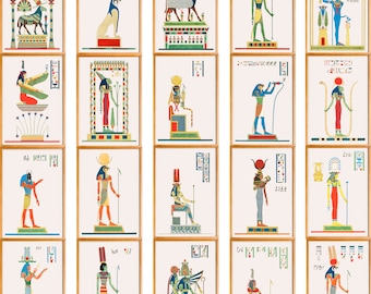 Ancient Egyptian Gods Print Set of 20, Egyptian Pantheon Wall Art, Mythology Poster, Hieroglyphic Decor, Digital Download, History Wall Art