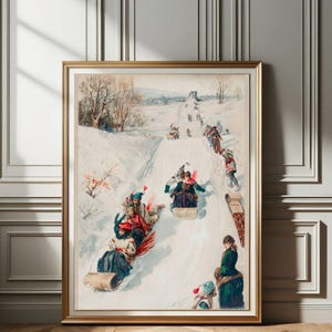 May include: A vintage illustration depicting people sledding down a snowy hill. The illustration is in a watercolour style and features people of various ages and clothing styles. The hill is covered in snow and there are trees in the background.
