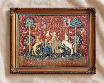 The Lady and the Unicorn Tapestry Print, Medieval Wall Art, Mythical Unicorn Decor, Vintage Textile Artwork