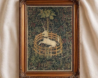 The Unicorn in Captivity Tapestry Print, Medieval Unicorn Wall Art, Vintage Mythical Textile, Enclosed Garden Decor