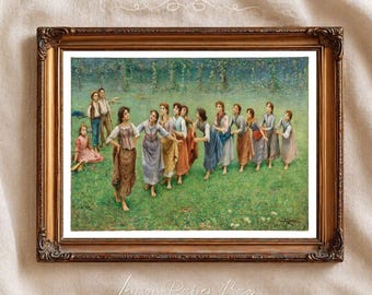 Vintage Pastoral Dance Scene Print, Fausto Zonaro Wall Art, Joyful Girls Dancing Painting, Romantic Garden Decor
