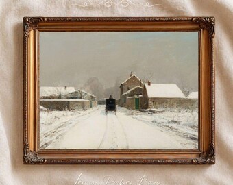 Vintage Paris Winter Print, Snowy Street Scene, French Wall Art, European Cityscape Printable