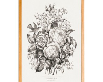 Impression d'art mural roses et jacinthes des bois, illustration botanique imprimable, téléchargement numérique