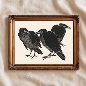 Vintage Crow Print, Three Crows by Henri Charles Guérard, Antique Bird Illustration, Dark Academia Wall Art, Gothic Nature Printable