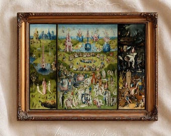Impressão "O Jardim das Delícias Terrenas", Arte de Parede de Hieronymus Bosch, Tríptico Medieval, Decoração Dark Academia, Impressão para Museu
