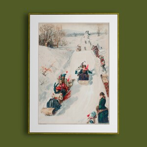 May include: A vintage illustration depicting people sledging down a snowy hill. The illustration is in a colourful style with people wearing winter clothing and riding on wooden sleds.
