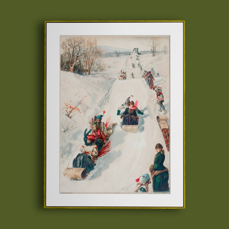 May include: A vintage illustration depicting people sledging down a snowy hill. The illustration is in a colourful style with people wearing winter clothing and riding on wooden sleds.