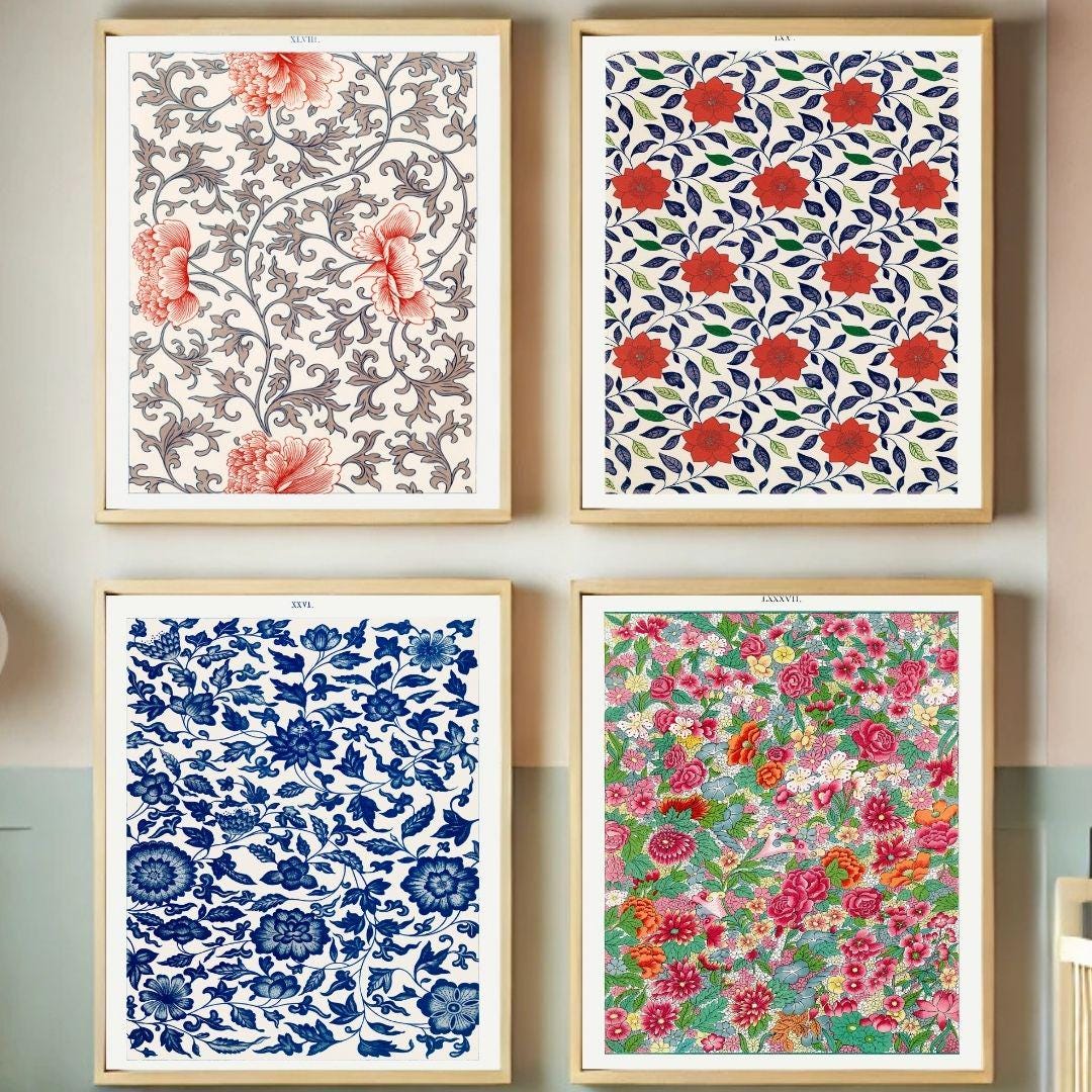 Vintage Pattern Wall Art Set of 4, Antique Textile Poster, Retro