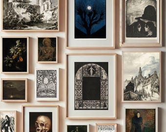 Vintage donker thema muurkunst set van 93, gotische afdrukbare kunstafdrukken, humeurige esthetische galerij wanddecoratie, mysterieuze huiskunstset