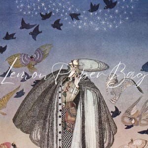 Peut inclure: Illustration de style vintage repr&eacute;sentant une personne en manteau et chapeau, regardant vers le ciel &eacute;toil&eacute; et des oiseaux en vol. L'image a une ambiance fantaisiste, avec le texte "Lemon Paper Bag" &eacute;crit dessus.