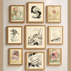 May include: Nine framed art prints with illustrations in various styles. The prints depict sea creatures, figures, and abstract designs. The frames are made of light-coloured wood, and the artwork is displayed on a neutral background.