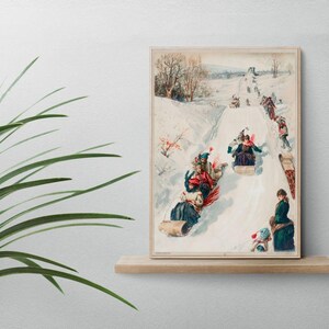 May include: A vintage illustration of people sledding down a snowy hill. The illustration is framed and features a group of people on sleds, with a snowy landscape in the background.