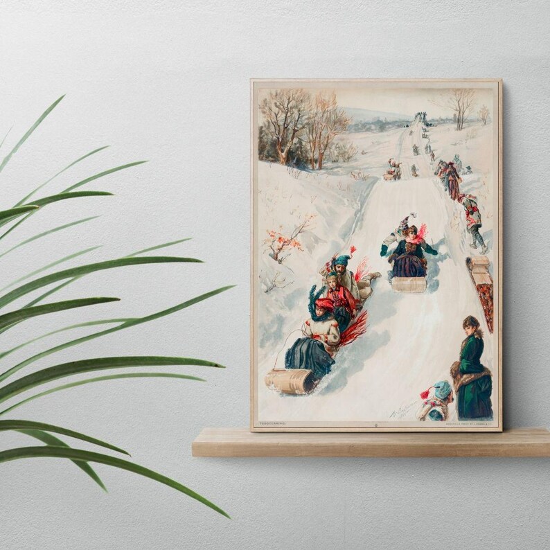 May include: A vintage illustration of people sledding down a snowy hill. The illustration is framed and features a group of people on sleds, with a snowy landscape in the background.