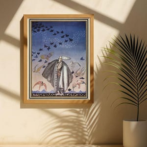 Peut inclure: Une impression d'art encadr&eacute;e pr&eacute;sentant une illustration fantastique. L'&oelig;uvre repr&eacute;sente une figure en long manteau et chapeau, entour&eacute;e d'oiseaux et d'autres cr&eacute;atures sur fond de ciel bleu. Le cadre est de couleur marron clair.